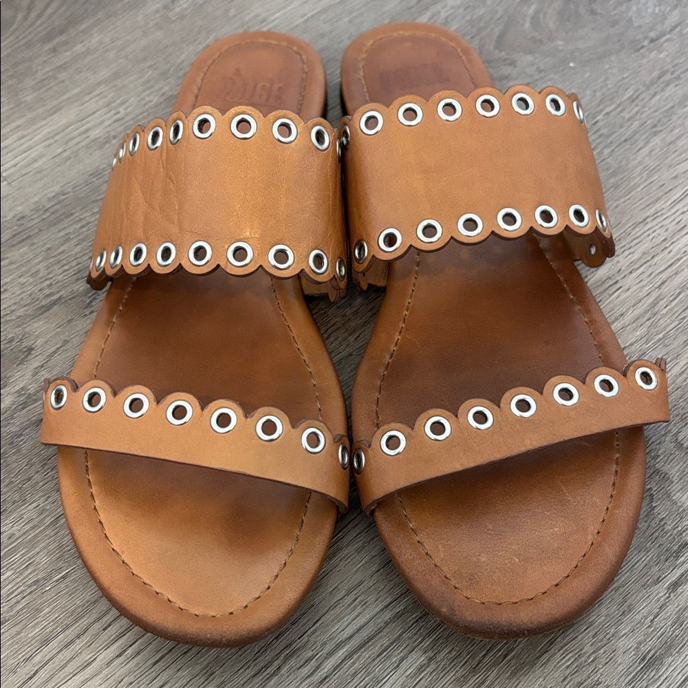 Paige Devyn Scalloped Grommet Slide Sandal Honey Brown Leather, Cottagecore - Picture 2 of 10